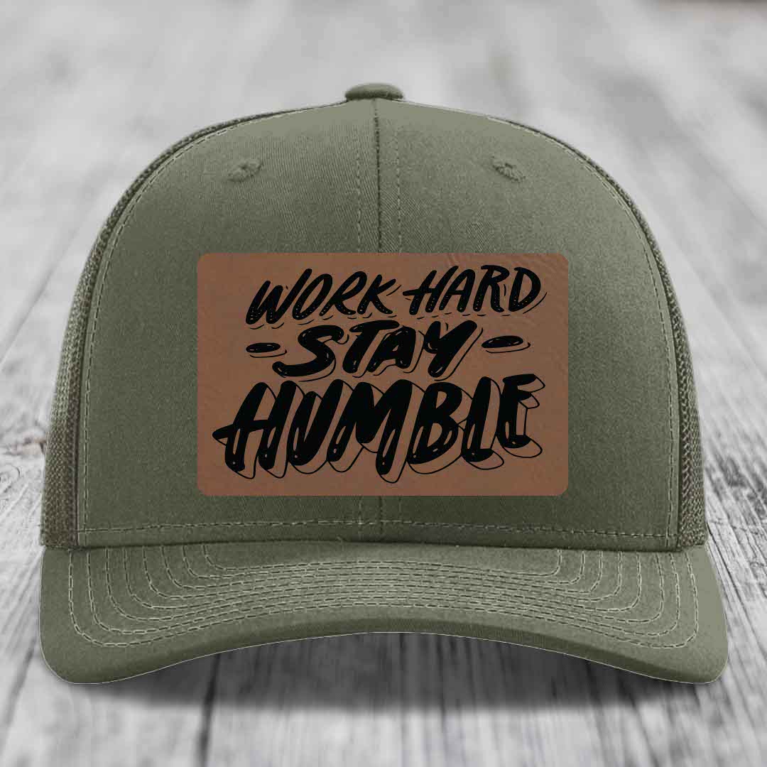 Work Hard, Stay Humble - Leather Patch Hat - Dark Brown to Black Patch - Richardson 112 Snapback Trucker Hat