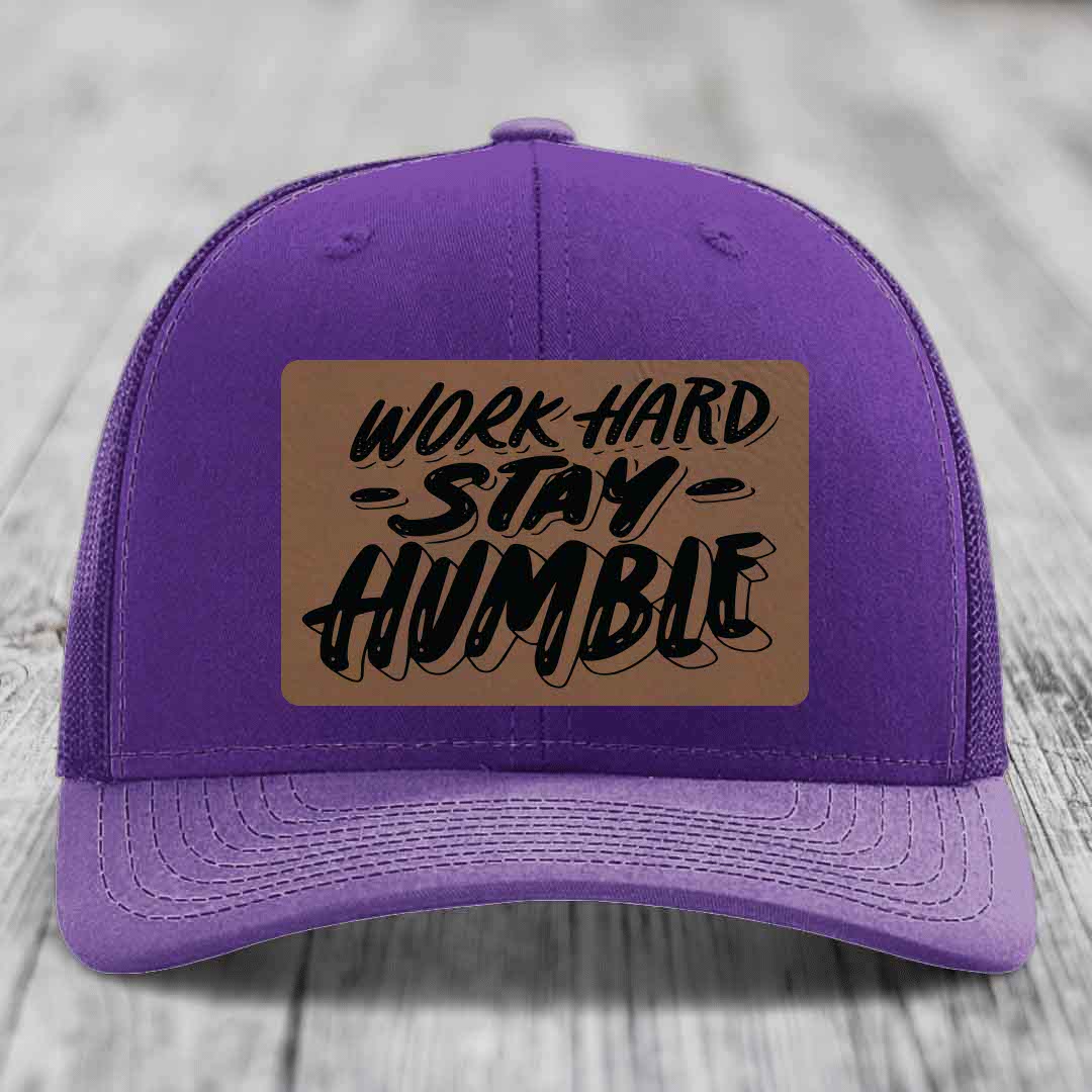 Work Hard, Stay Humble - Leather Patch Hat - Dark Brown to Black Patch - Richardson 112 Snapback Trucker Hat