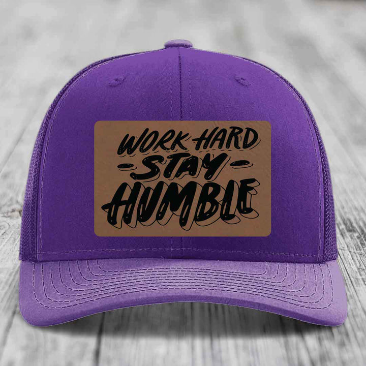 Work Hard, Stay Humble - Leather Patch Hat - Dark Brown to Black Patch - Richardson 112 Snapback Trucker Hat