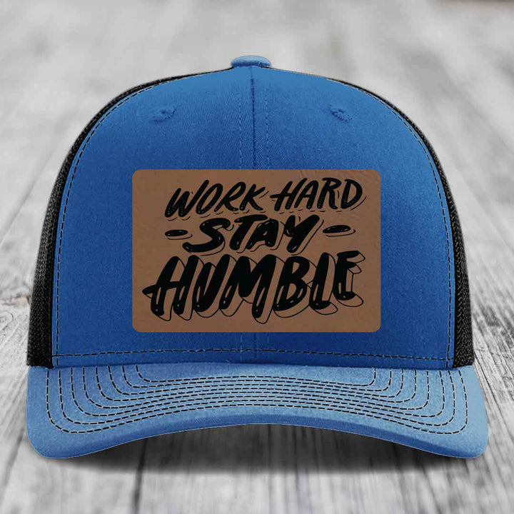Work Hard, Stay Humble - Leather Patch Hat - Dark Brown to Black Patch - Richardson 112 Snapback Trucker Hat