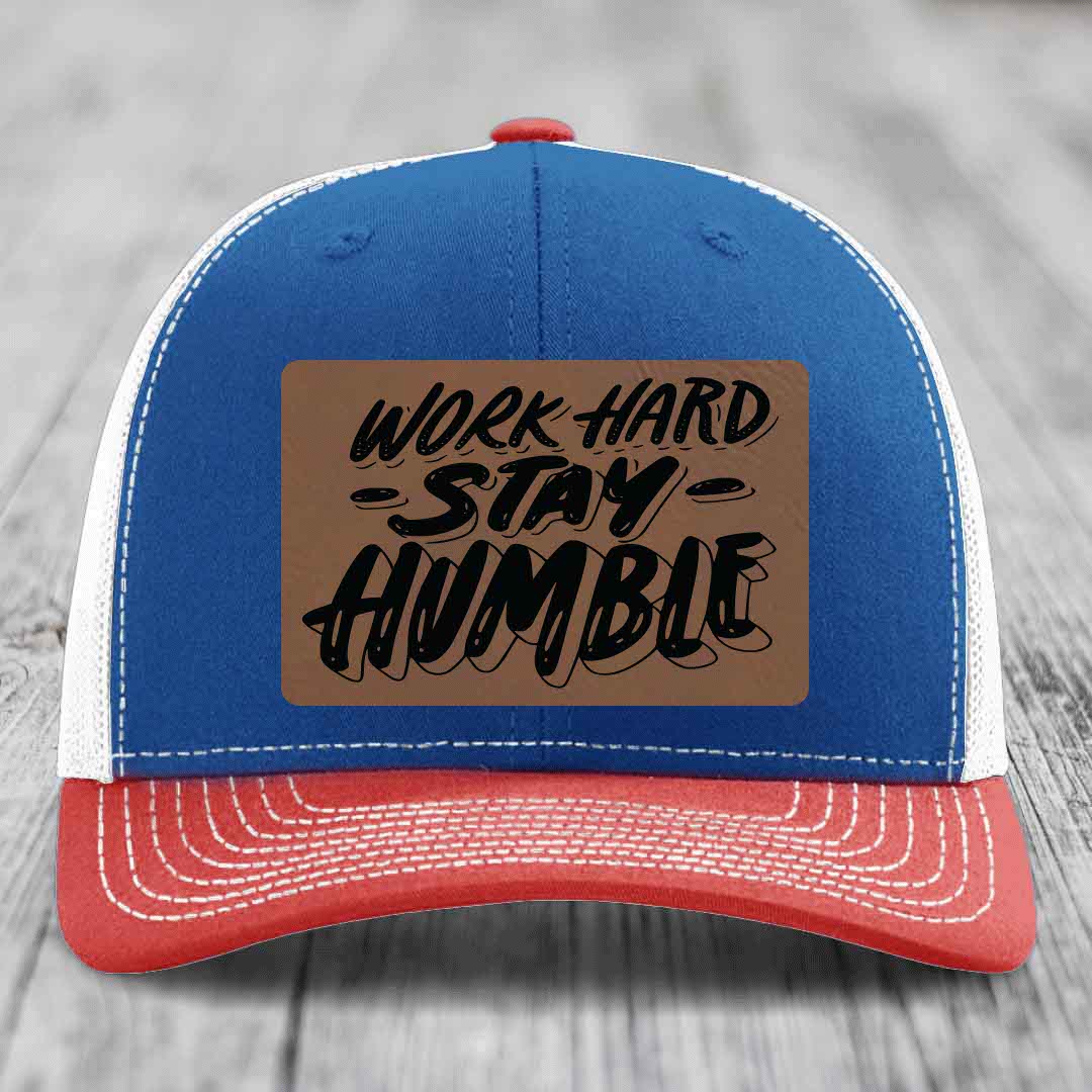 Work Hard, Stay Humble - Leather Patch Hat - Dark Brown to Black Patch - Richardson 112 Snapback Trucker Hat