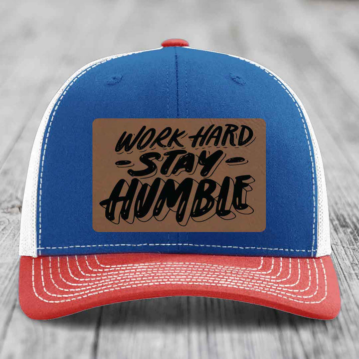 Work Hard, Stay Humble - Leather Patch Hat - Dark Brown to Black Patch - Richardson 112 Snapback Trucker Hat