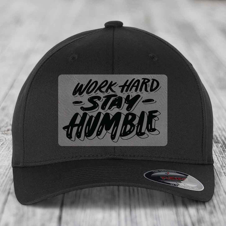Work Hard, Stay Humble - Leather Patch Hat - Grey to Black Patch - Flexfit 6277 Fitted Hat