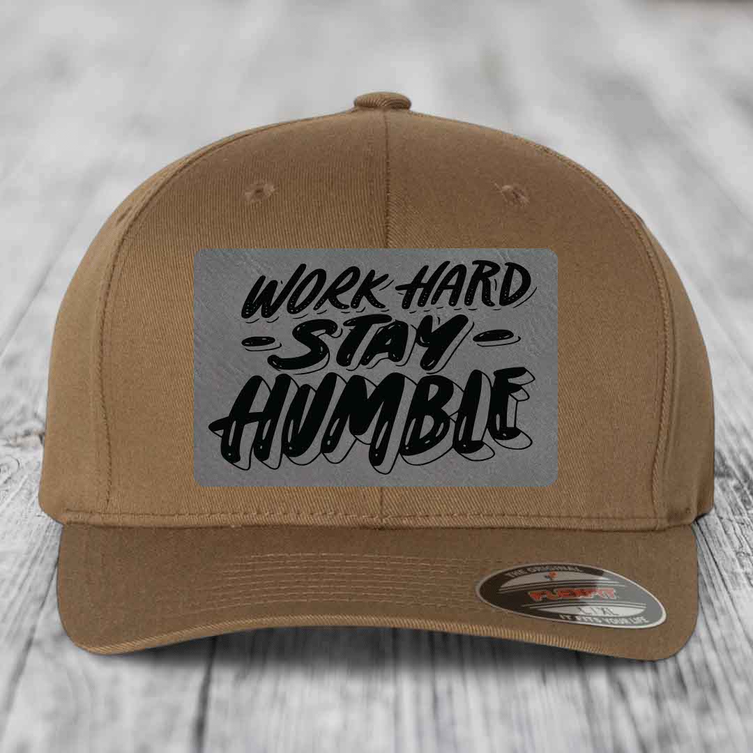 Work Hard, Stay Humble - Leather Patch Hat - Grey to Black Patch - Flexfit 6277 Fitted Hat
