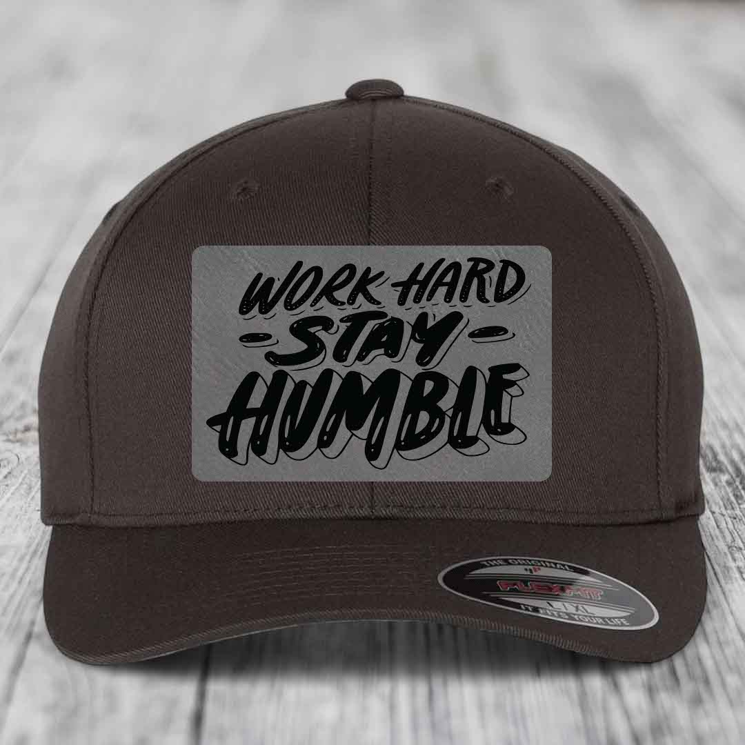 Work Hard, Stay Humble - Leather Patch Hat - Grey to Black Patch - Flexfit 6277 Fitted Hat