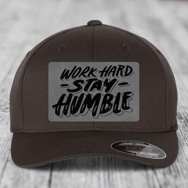 Work Hard, Stay Humble - Leather Patch Hat - Grey to Black Patch - Flexfit 6277 Fitted Hat