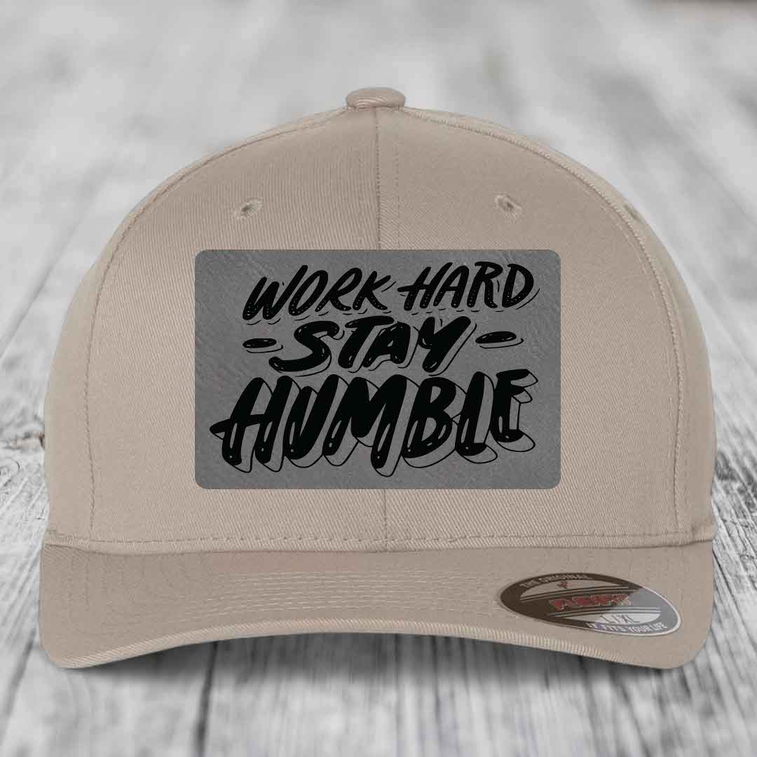 Work Hard, Stay Humble - Leather Patch Hat - Grey to Black Patch - Flexfit 6277 Fitted Hat