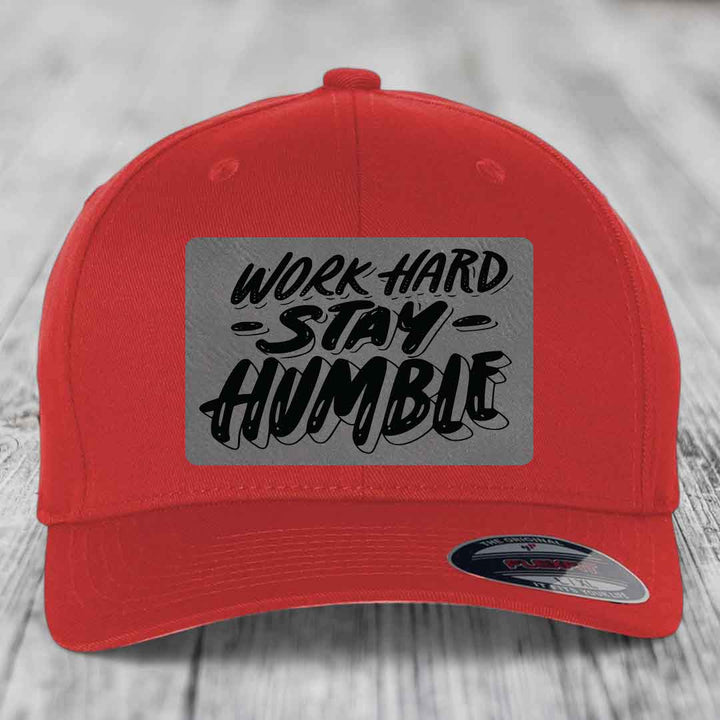 Work Hard, Stay Humble - Leather Patch Hat - Grey to Black Patch - Flexfit 6277 Fitted Hat
