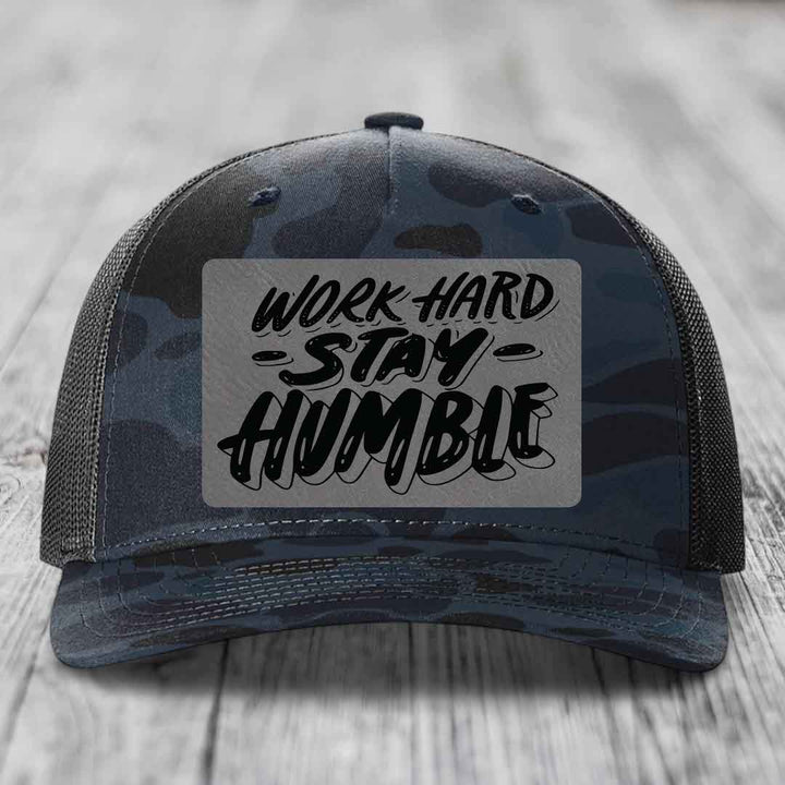 Work Hard, Stay Humble - Leather Patch Hat - Grey to Black Patch - Richardson 112PFP Snapback Trucker Hat
