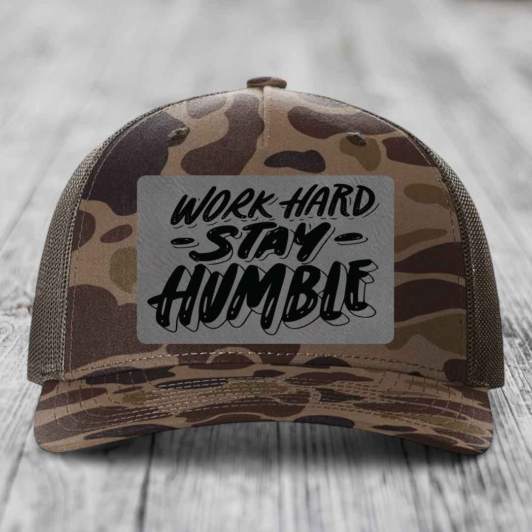 Work Hard, Stay Humble - Leather Patch Hat - Grey to Black Patch - Richardson 112PFP Snapback Trucker Hat