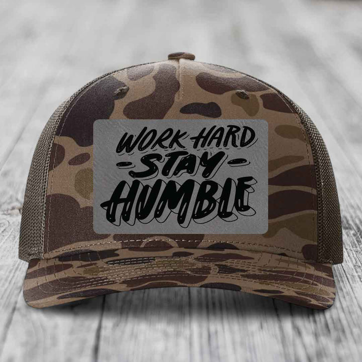 Work Hard, Stay Humble - Leather Patch Hat - Grey to Black Patch - Richardson 112PFP Snapback Trucker Hat