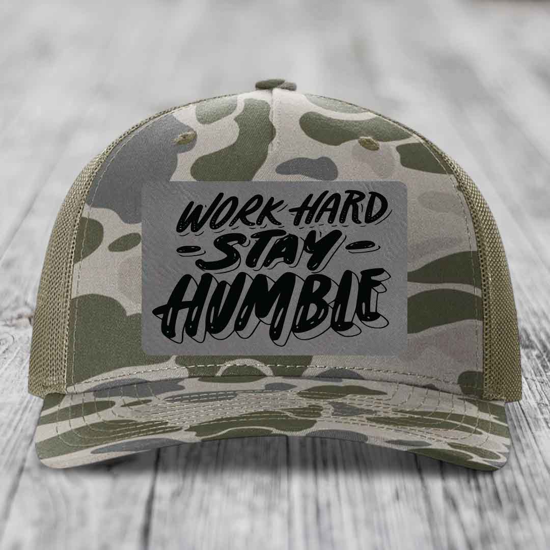 Work Hard, Stay Humble - Leather Patch Hat - Grey to Black Patch - Richardson 112PFP Snapback Trucker Hat