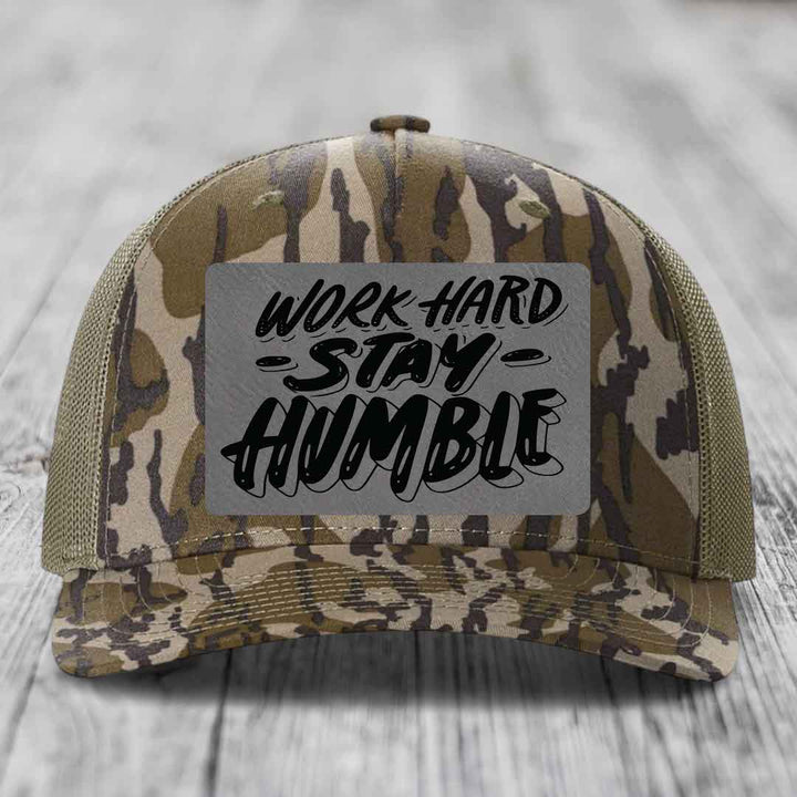 Work Hard, Stay Humble - Leather Patch Hat - Grey to Black Patch - Richardson 112PFP Snapback Trucker Hat