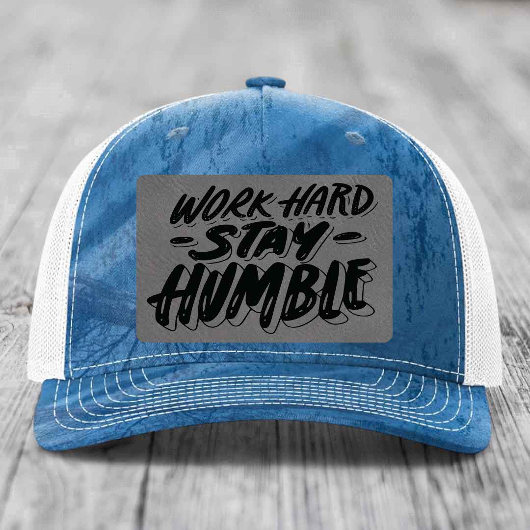 Work Hard, Stay Humble - Leather Patch Hat - Grey to Black Patch - Richardson 112PFP Snapback Trucker Hat