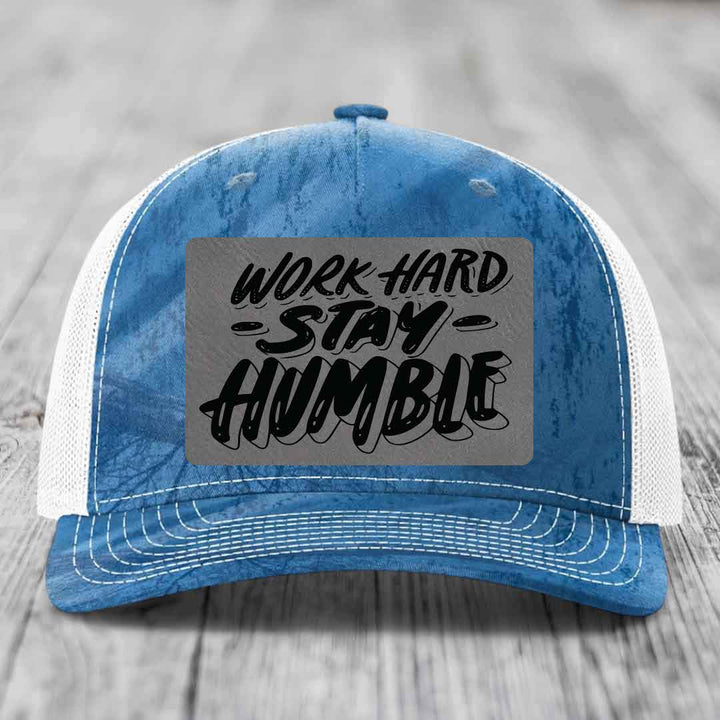 Work Hard, Stay Humble - Leather Patch Hat - Grey to Black Patch - Richardson 112PFP Snapback Trucker Hat