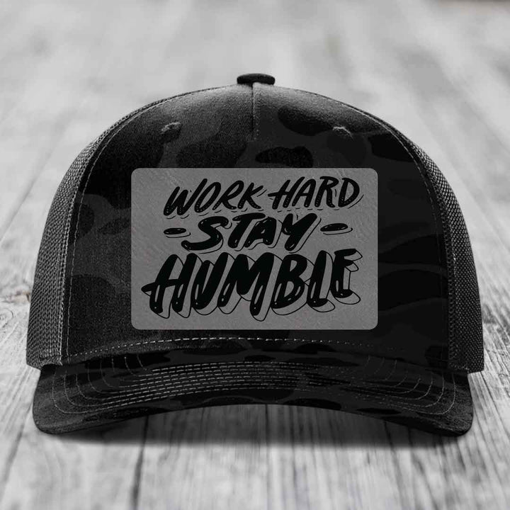 Work Hard, Stay Humble - Leather Patch Hat - Grey to Black Patch - Richardson 112PFP Snapback Trucker Hat