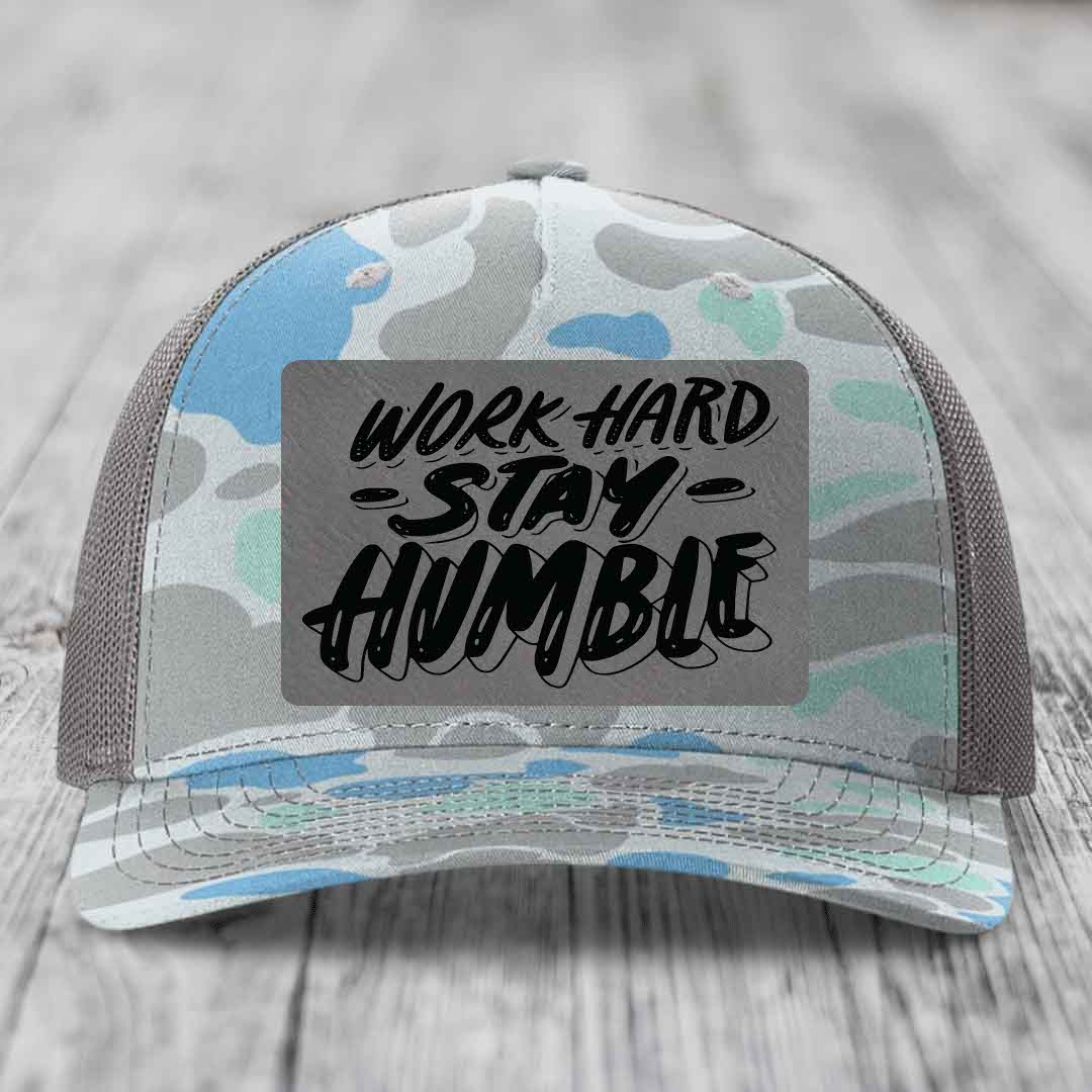 Work Hard, Stay Humble - Leather Patch Hat - Grey to Black Patch - Richardson 112PFP Snapback Trucker Hat