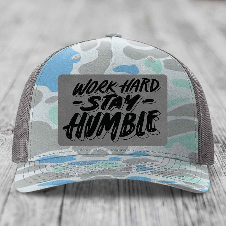 Work Hard, Stay Humble - Leather Patch Hat - Grey to Black Patch - Richardson 112PFP Snapback Trucker Hat
