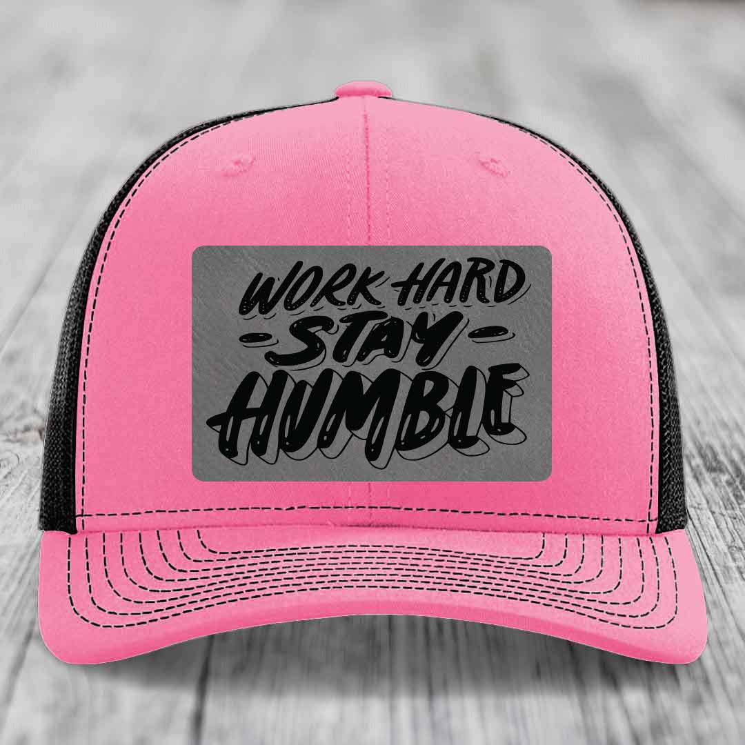 Work Hard, Stay Humble - Leather Patch Hat - Grey to Black Patch - Richardson 112 Snapback Trucker Hat