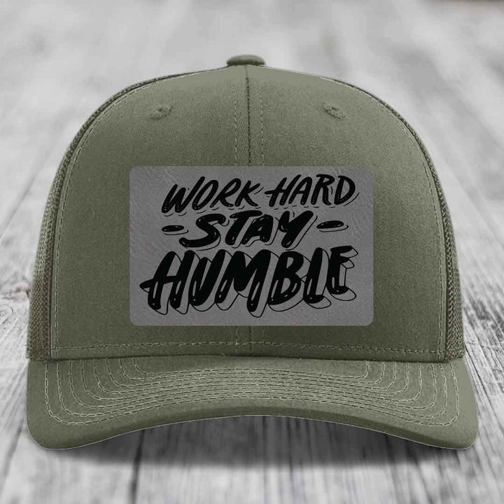 Work Hard, Stay Humble - Leather Patch Hat - Grey to Black Patch - Richardson 112 Snapback Trucker Hat