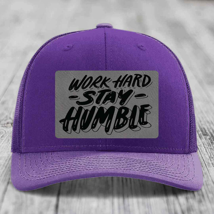 Work Hard, Stay Humble - Leather Patch Hat - Grey to Black Patch - Richardson 112 Snapback Trucker Hat