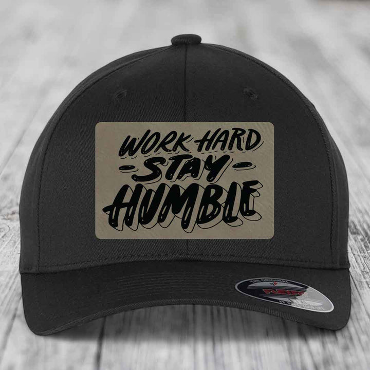 Work Hard, Stay Humble - Leather Patch Hat - Light Brown to Black Patch - Flexfit 6277 Fitted Hat