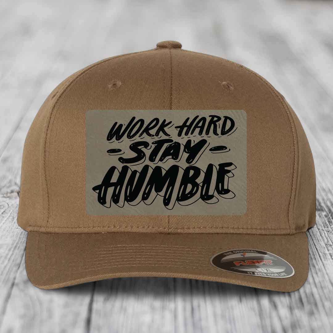 Work Hard, Stay Humble - Leather Patch Hat - Light Brown to Black Patch - Flexfit 6277 Fitted Hat