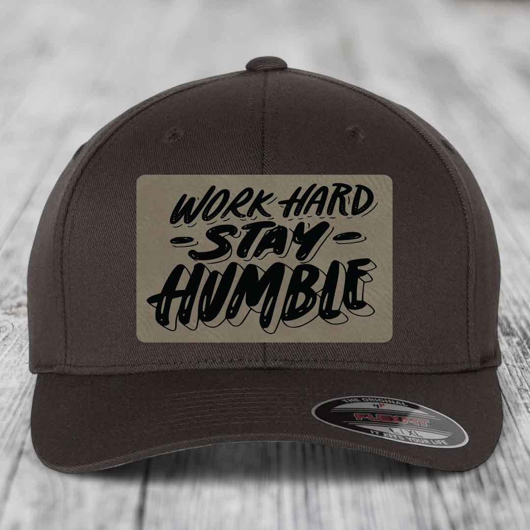 Work Hard, Stay Humble - Leather Patch Hat - Light Brown to Black Patch - Flexfit 6277 Fitted Hat