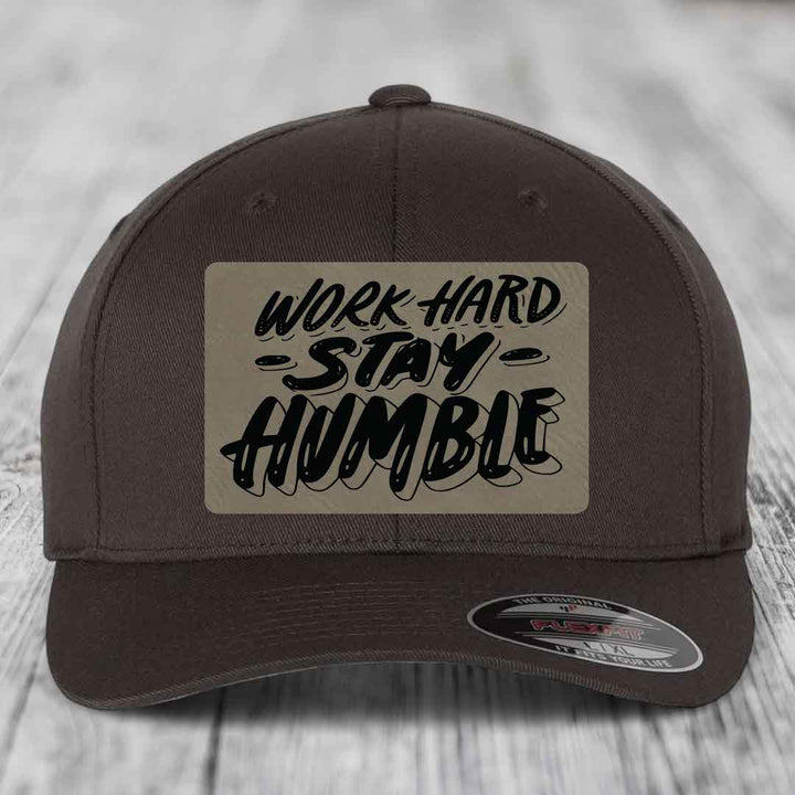 Work Hard, Stay Humble - Leather Patch Hat - Light Brown to Black Patch - Flexfit 6277 Fitted Hat