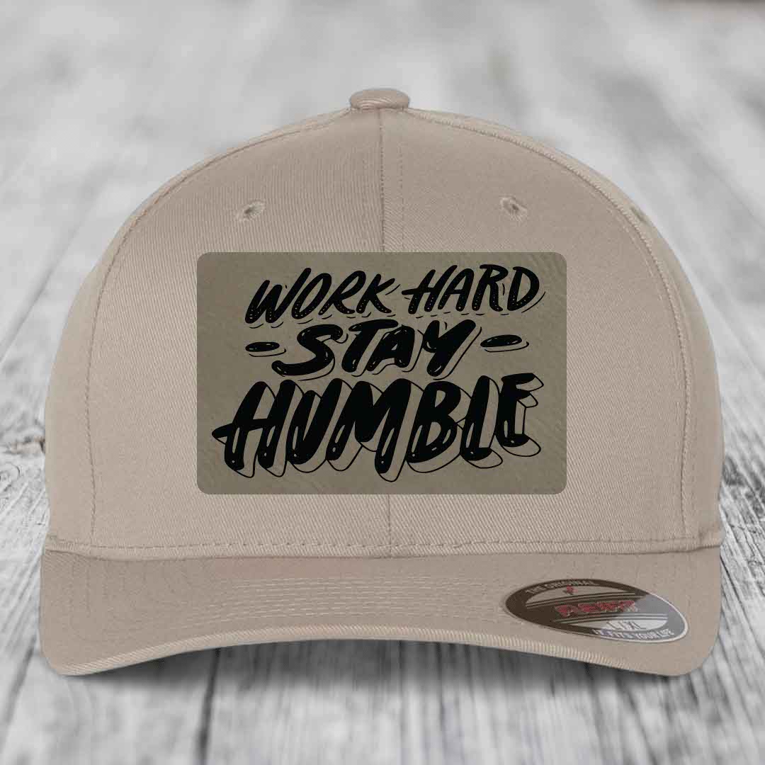 Work Hard, Stay Humble - Leather Patch Hat - Light Brown to Black Patch - Flexfit 6277 Fitted Hat
