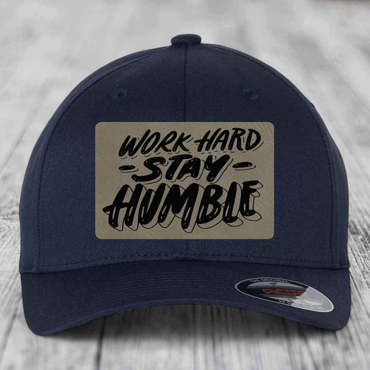 Work Hard, Stay Humble - Leather Patch Hat - Light Brown to Black Patch - Flexfit 6277 Fitted Hat