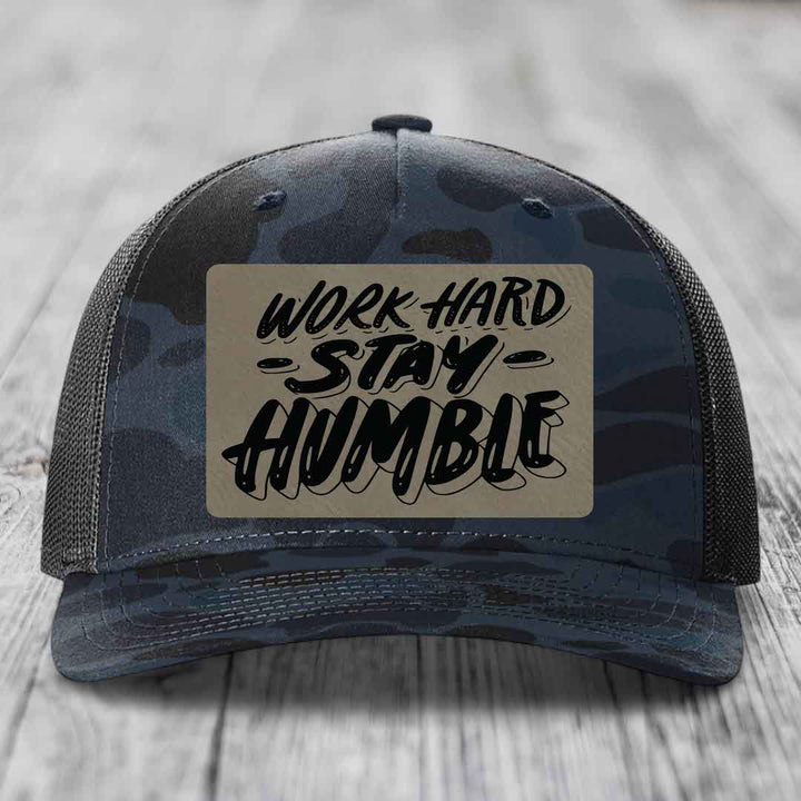 Work Hard, Stay Humble - Leather Patch Hat - Light Brown to Black Patch - Richardson 112PFP Snapback Trucker Hat