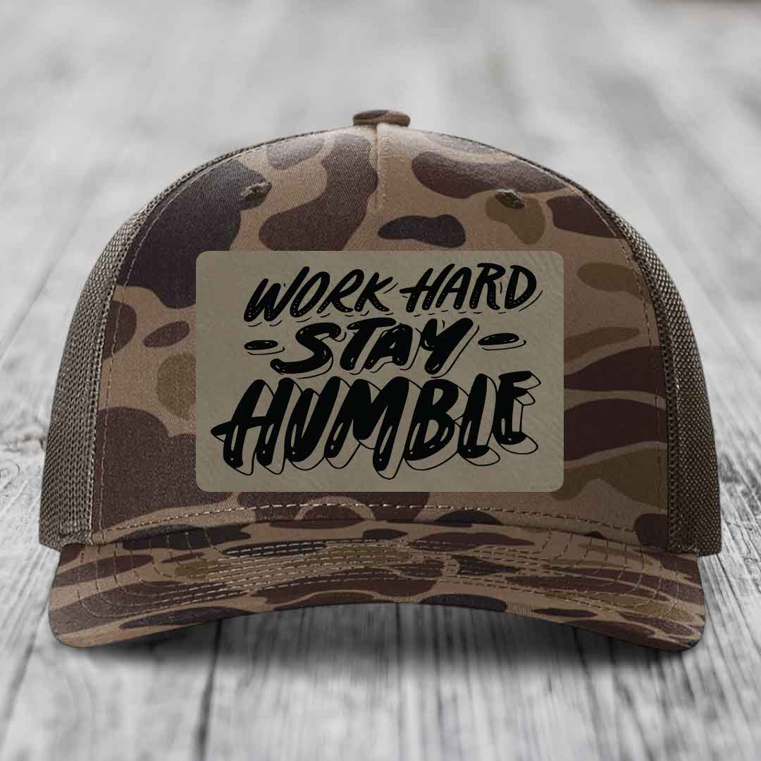 Work Hard, Stay Humble - Leather Patch Hat - Light Brown to Black Patch - Richardson 112PFP Snapback Trucker Hat