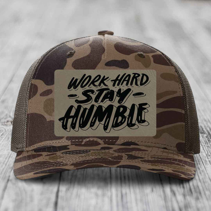 Work Hard, Stay Humble - Leather Patch Hat - Light Brown to Black Patch - Richardson 112PFP Snapback Trucker Hat