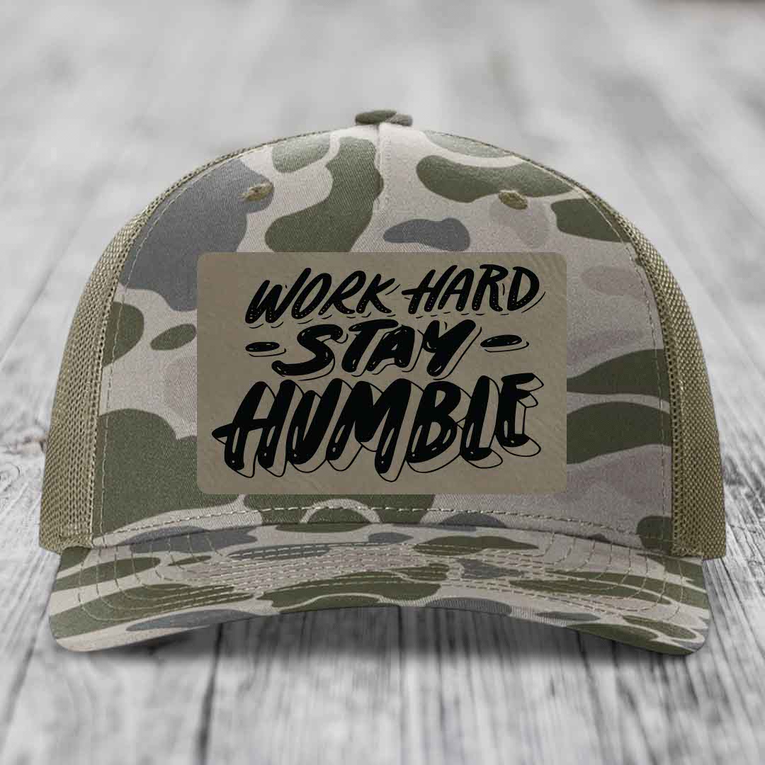 Work Hard, Stay Humble - Leather Patch Hat - Light Brown to Black Patch - Richardson 112PFP Snapback Trucker Hat