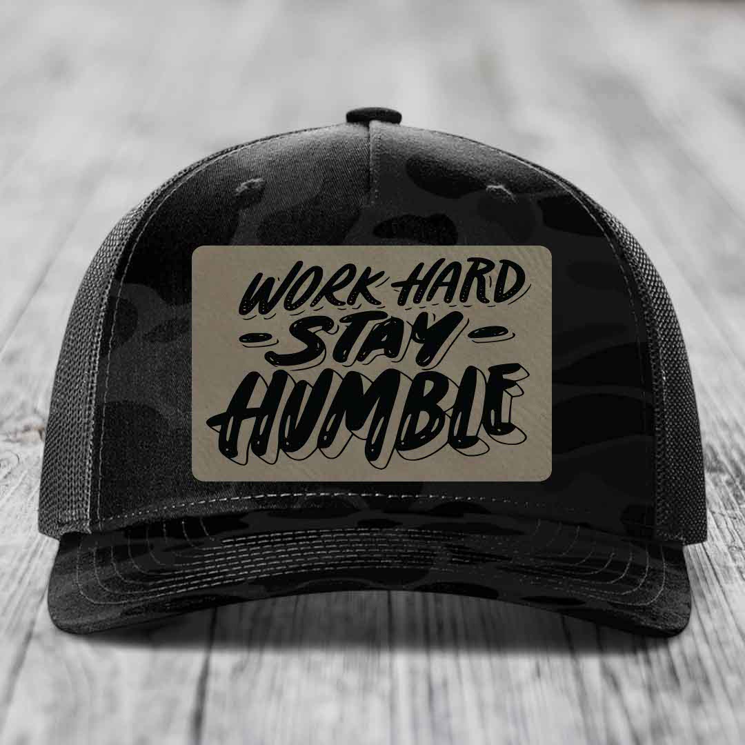 Work Hard, Stay Humble - Leather Patch Hat - Light Brown to Black Patch - Richardson 112PFP Snapback Trucker Hat