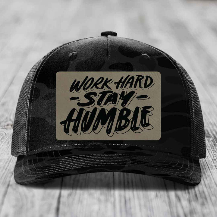 Work Hard, Stay Humble - Leather Patch Hat - Light Brown to Black Patch - Richardson 112PFP Snapback Trucker Hat