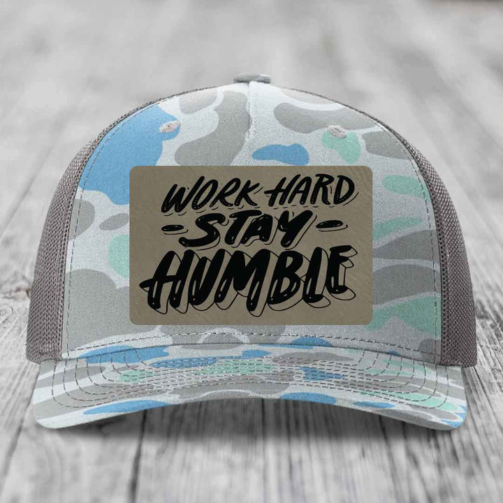 Work Hard, Stay Humble - Leather Patch Hat - Light Brown to Black Patch - Richardson 112PFP Snapback Trucker Hat