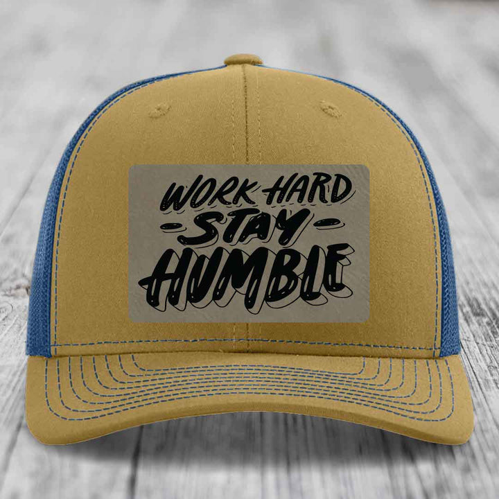 Work Hard, Stay Humble - Leather Patch Hat - Light Brown to Black Patch - Richardson 112 Snapback Trucker Hat