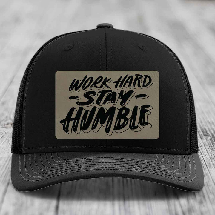 Work Hard, Stay Humble - Leather Patch Hat - Light Brown to Black Patch - Richardson 112 Snapback Trucker Hat