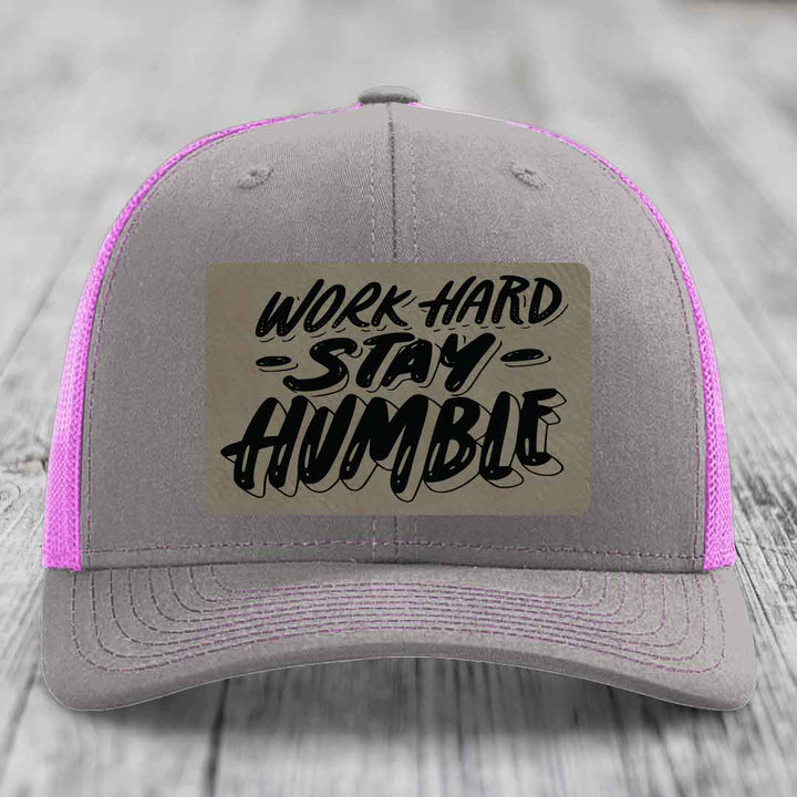 Work Hard, Stay Humble - Leather Patch Hat - Light Brown to Black Patch - Richardson 112 Snapback Trucker Hat