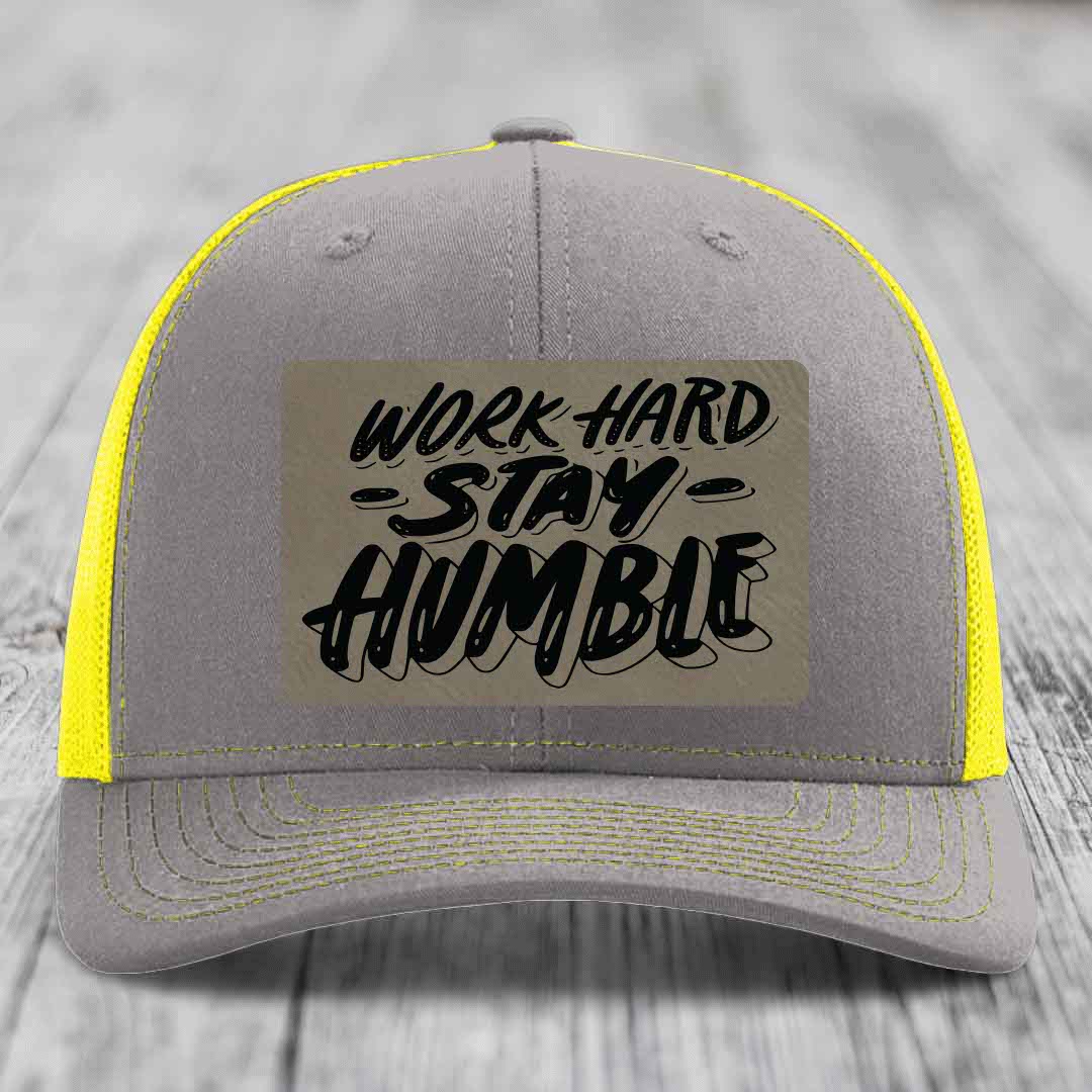 Work Hard, Stay Humble - Leather Patch Hat - Light Brown to Black Patch - Richardson 112 Snapback Trucker Hat