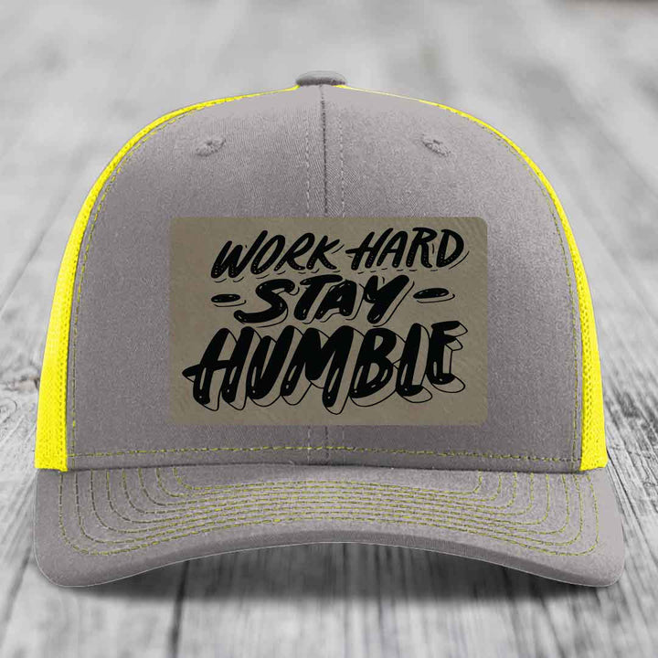 Work Hard, Stay Humble - Leather Patch Hat - Light Brown to Black Patch - Richardson 112 Snapback Trucker Hat