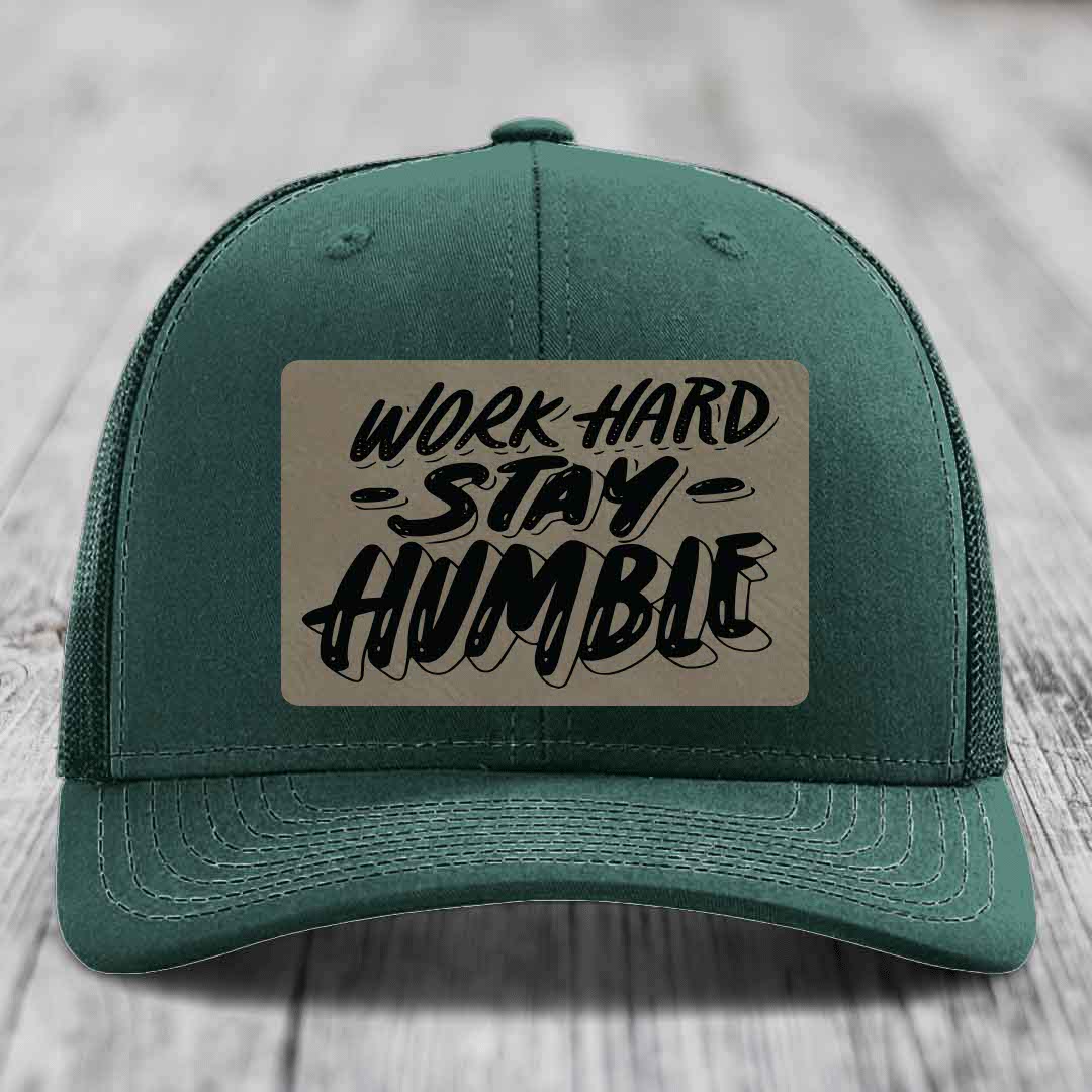 Work Hard, Stay Humble - Leather Patch Hat - Light Brown to Black Patch - Richardson 112 Snapback Trucker Hat
