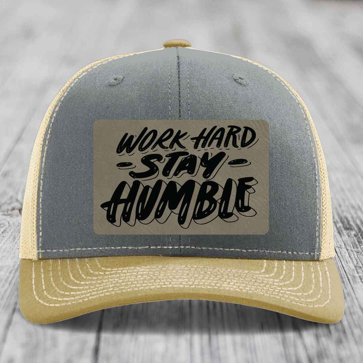 Work Hard, Stay Humble - Leather Patch Hat - Light Brown to Black Patch - Richardson 112 Snapback Trucker Hat