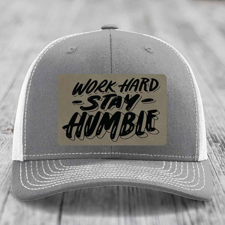 Work Hard, Stay Humble - Leather Patch Hat - Light Brown to Black Patch - Richardson 112 Snapback Trucker Hat