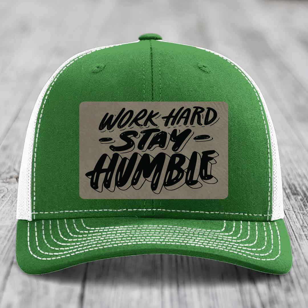 Work Hard, Stay Humble - Leather Patch Hat - Light Brown to Black Patch - Richardson 112 Snapback Trucker Hat
