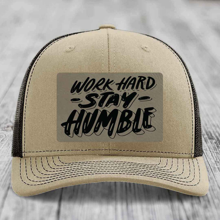 Work Hard, Stay Humble - Leather Patch Hat - Light Brown to Black Patch - Richardson 112 Snapback Trucker Hat