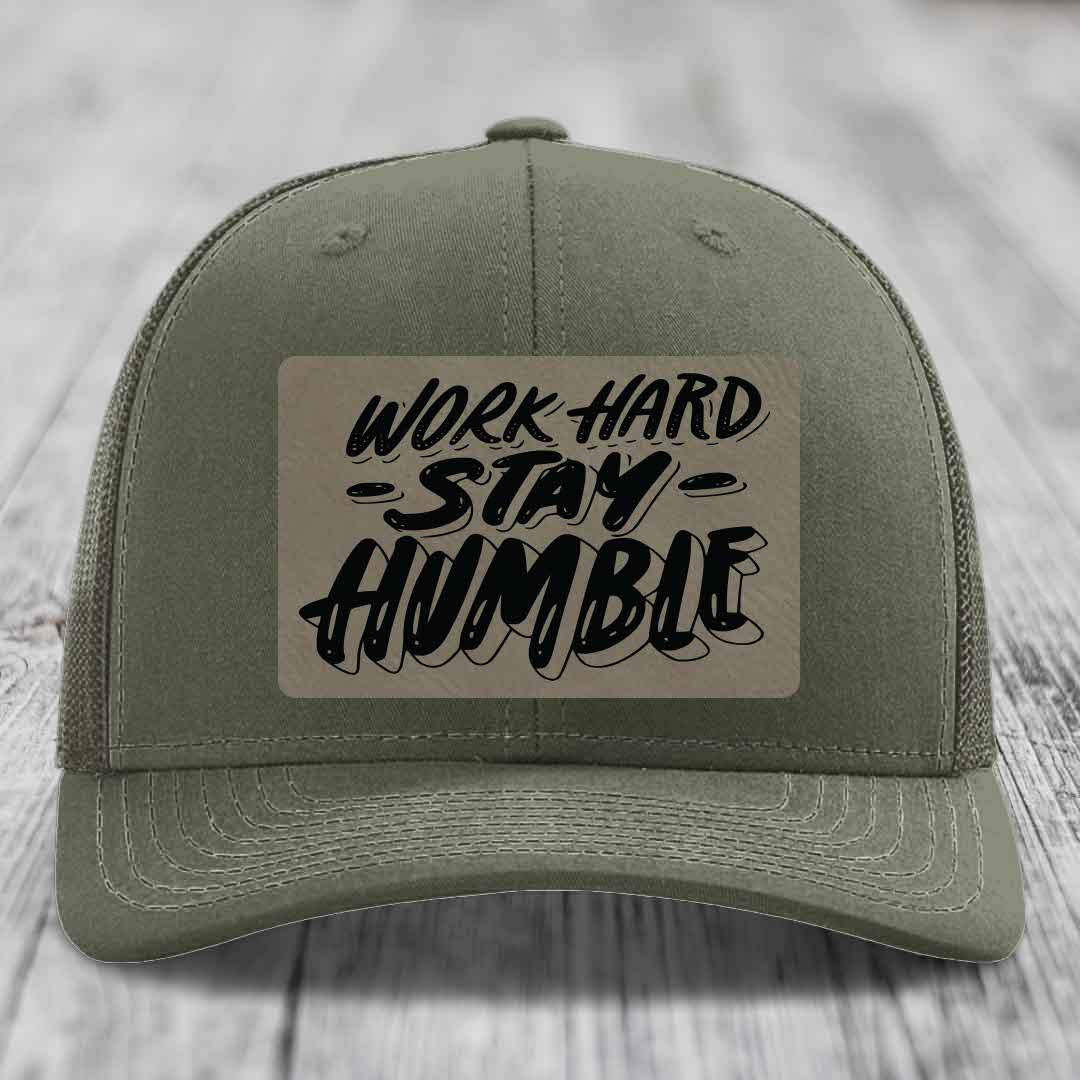 Work Hard, Stay Humble - Leather Patch Hat - Light Brown to Black Patch - Richardson 112 Snapback Trucker Hat