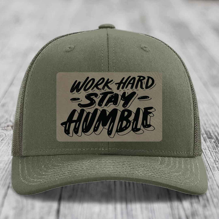 Work Hard, Stay Humble - Leather Patch Hat - Light Brown to Black Patch - Richardson 112 Snapback Trucker Hat